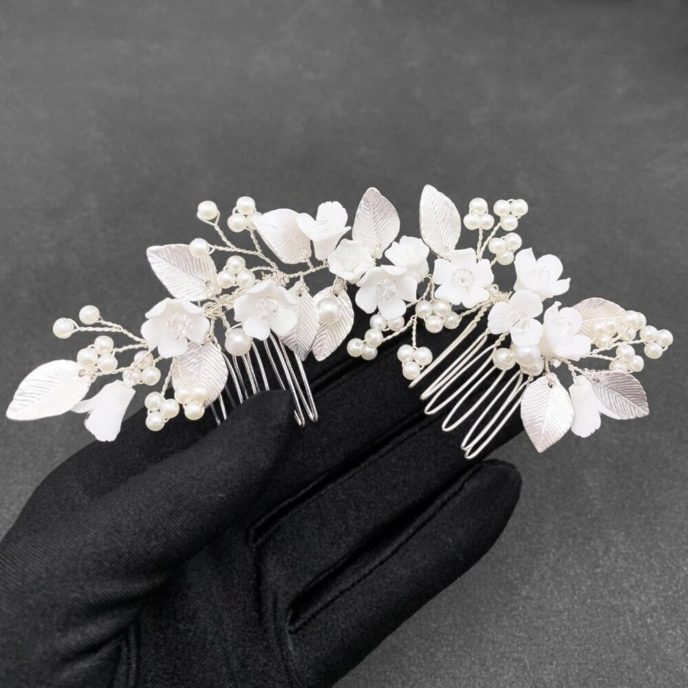 White Flower Hair Piece Bridal Pearl Silver Leaf Floral Hair Vine Accessory for